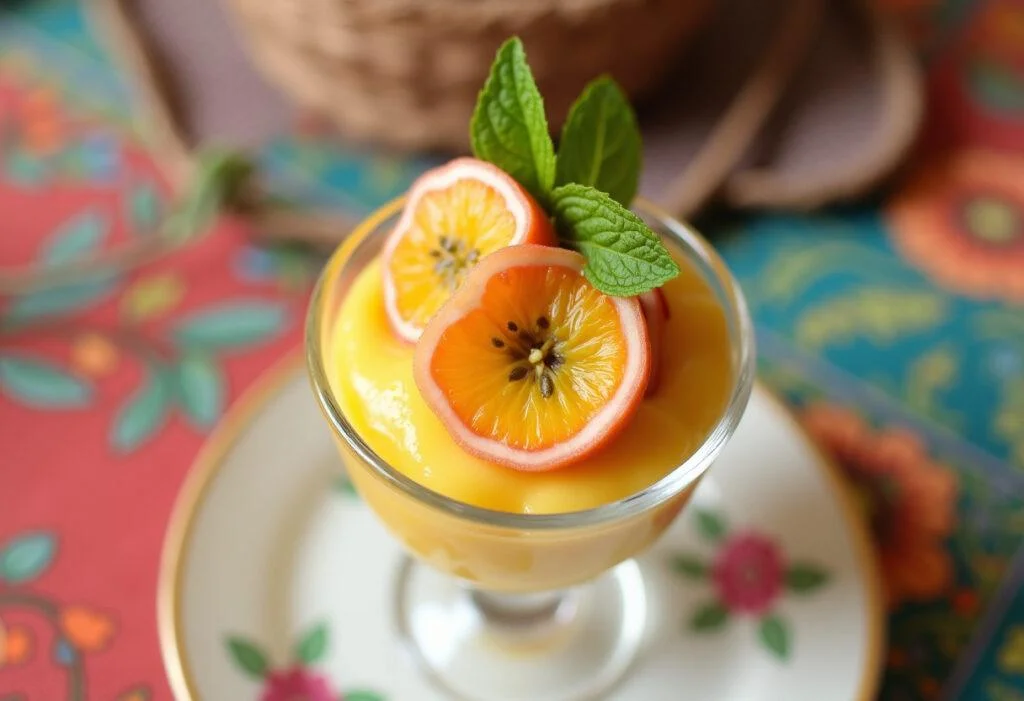 Mousse de polpa de maracujá congelada servida com folhas de hortelã, perfeita para sobremesa.