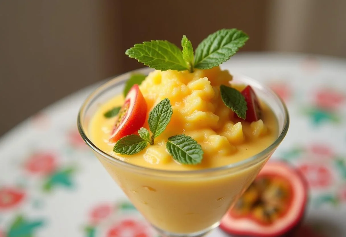 Mousse de polpa de maracujá congelada servida com folhas de hortelã, perfeita para sobremesa.