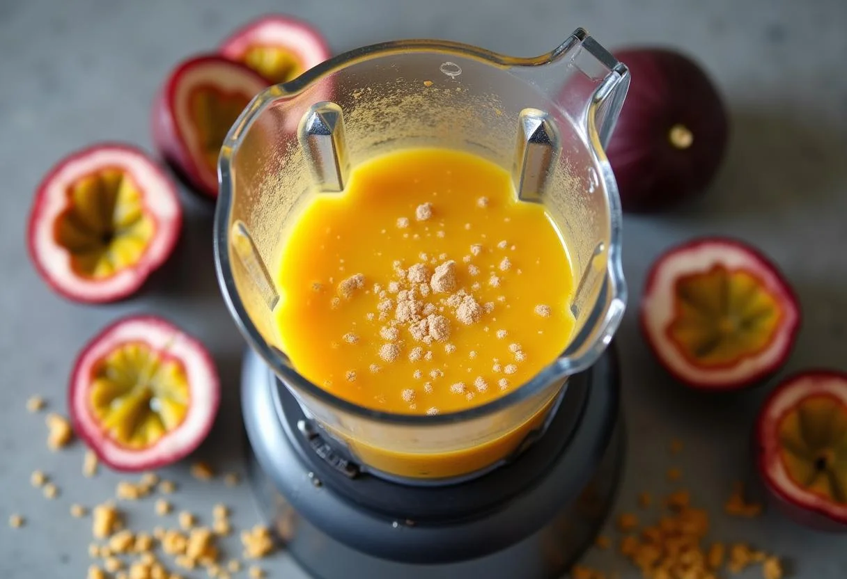 Mistura de polpa de maracujá e açúcar no liquidificador para suco mousse de maracujá.