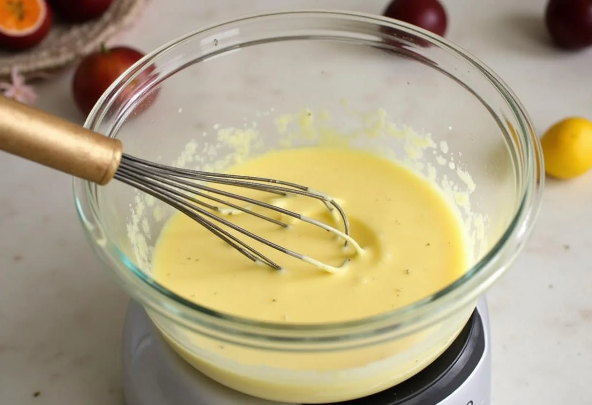 Mistura de mousse de polpa de maracujá em uma tigela pronta para ser resfriada.