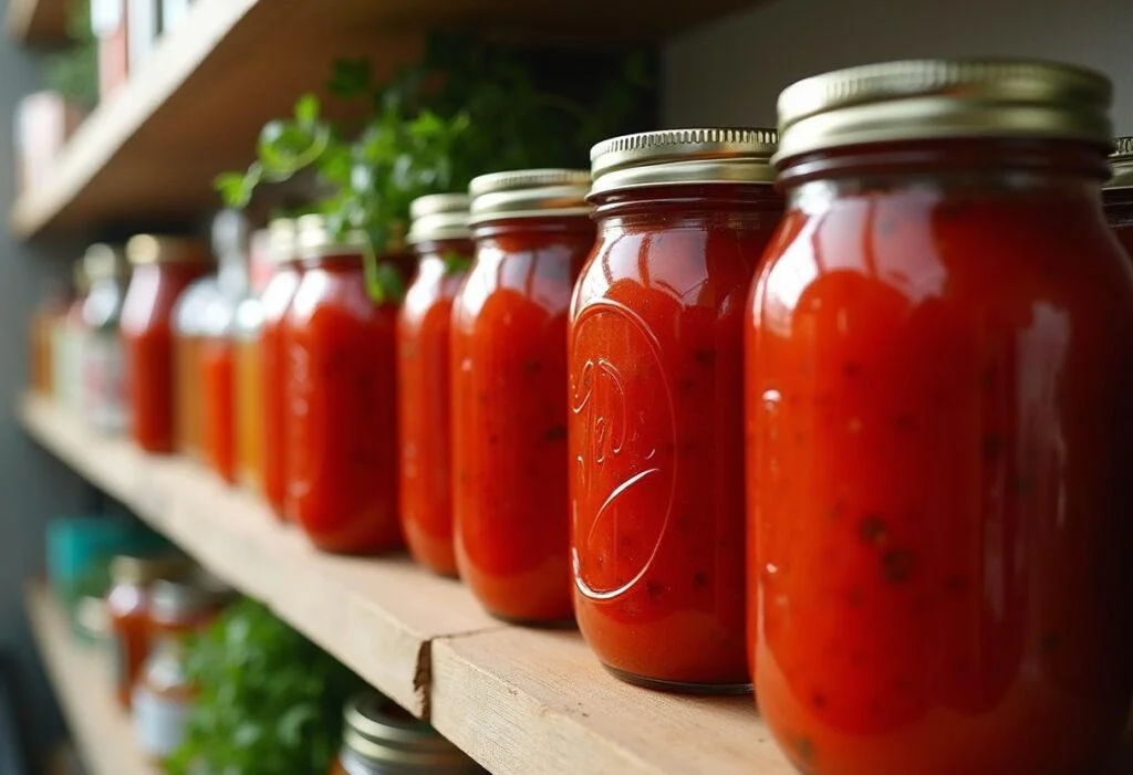 Frascos cheios de polpa de tomate caseira, prontos para serem armazenados.