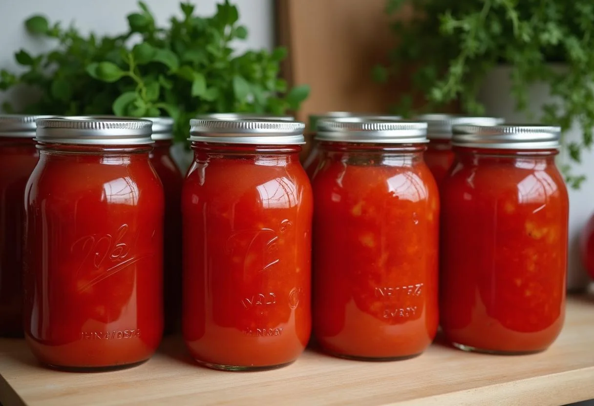 Frascos cheios de polpa de tomate caseira, prontos para serem armazenados.