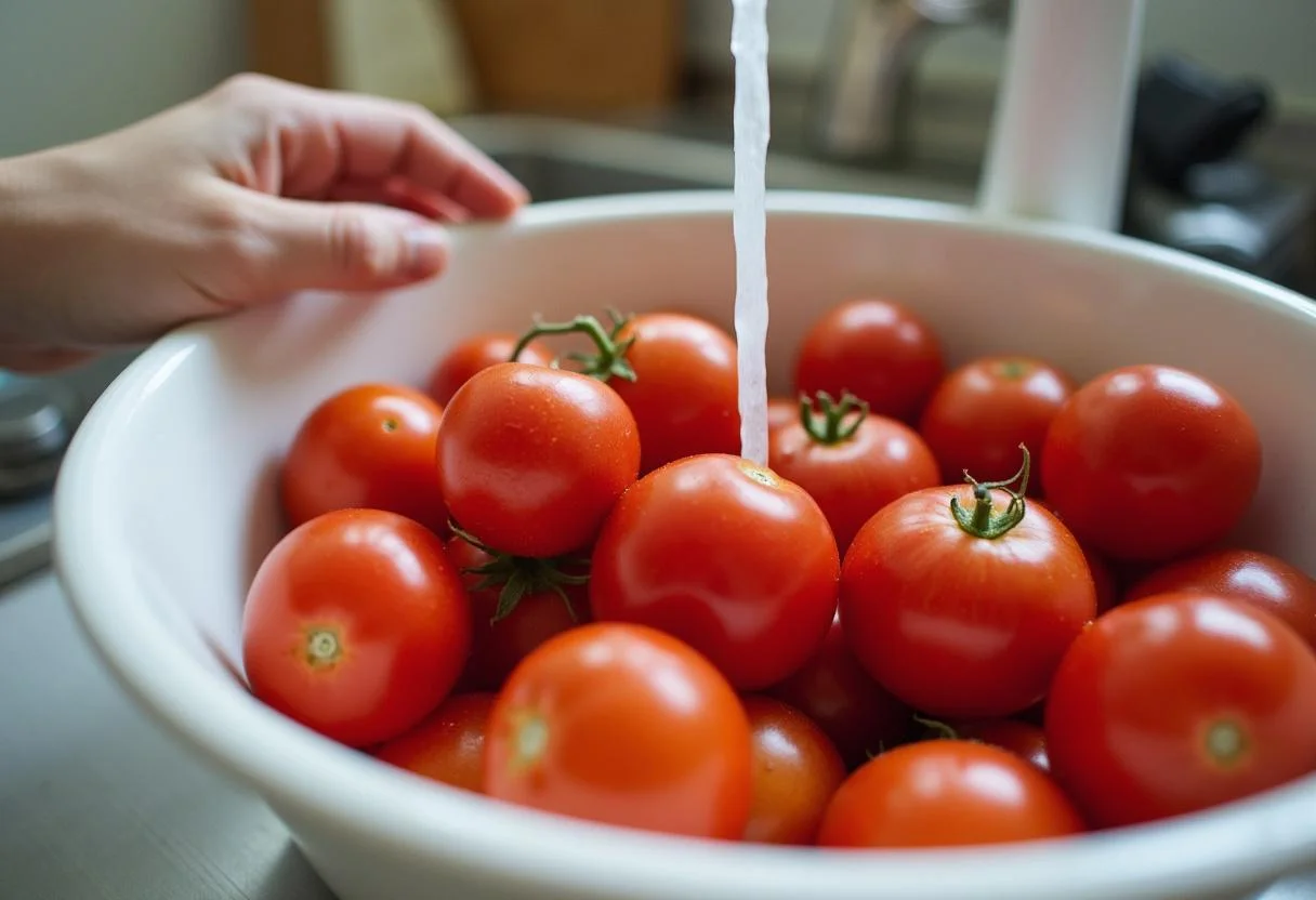 Tomates frescos sendo lavados para fazer polpa de tomate caseira.