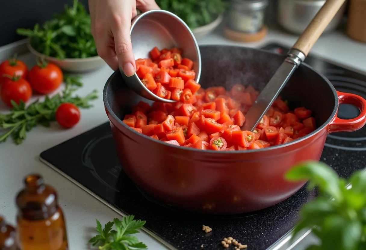 Tomates picados prontos para serem cozidos na preparação da polpa de tomate caseira.