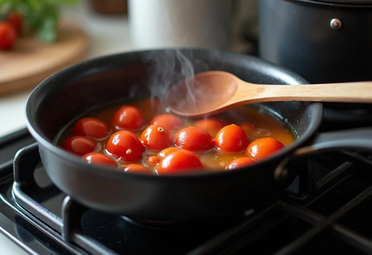 Mistura de tomate cozinhando para criar polpa de tomate caseira no fogão.