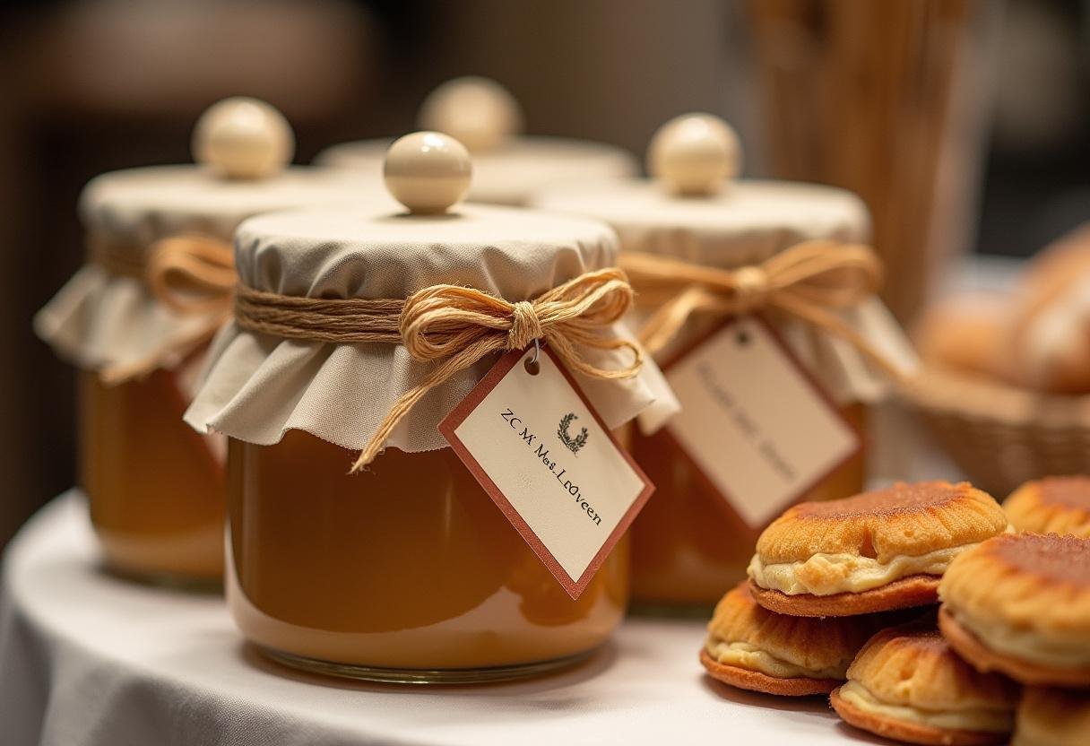 Presentes de pote doce de leite artesanal prontos para serem dados como presente.