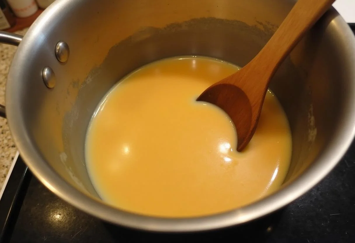 Preparação do doce de leite artesanal em uma panela, mostrando a mistura de leite e açúcar.
