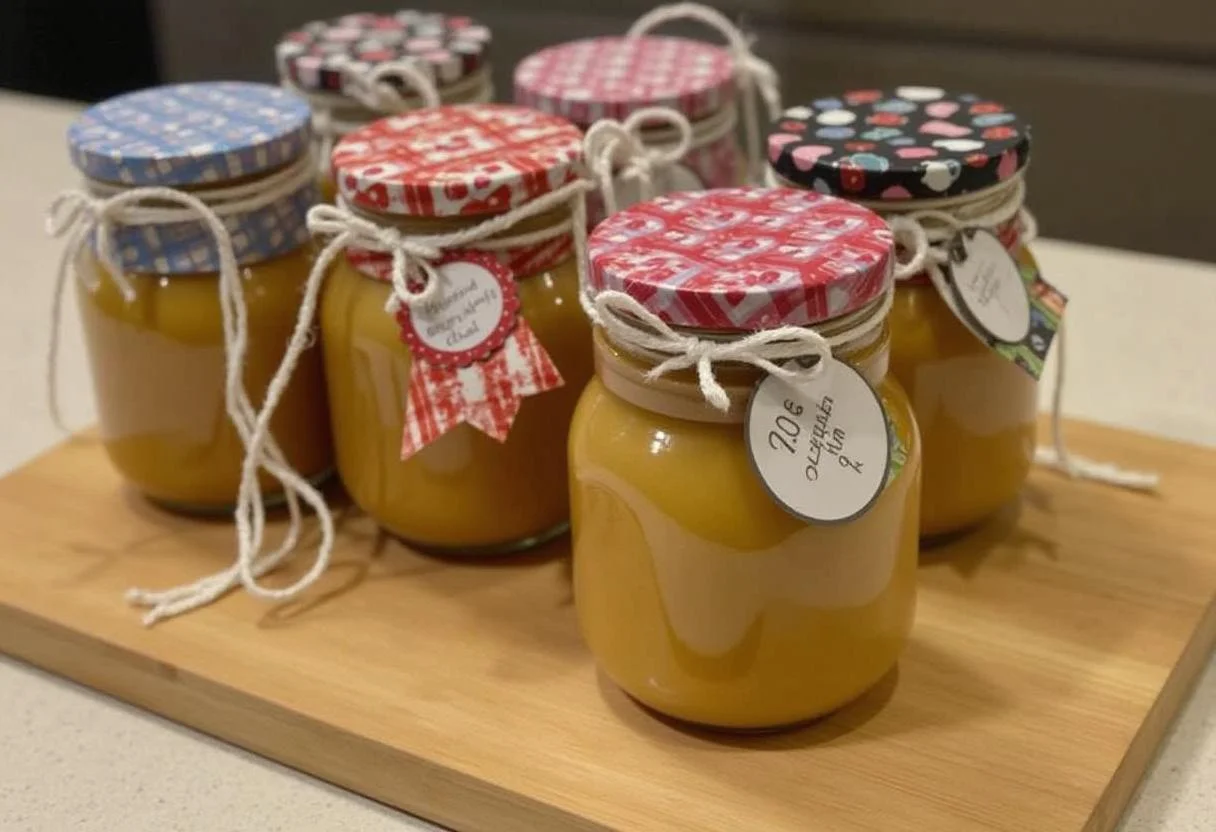 Potes de doce de leite artesanal sendo vedados, prontos para presente.