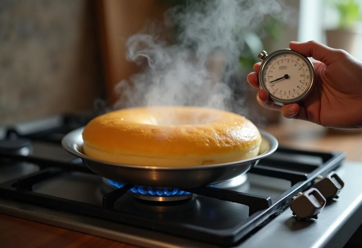 Cronômetro sendo ajustado para cozinhar o pudim de doce de leite fácil no fogão.