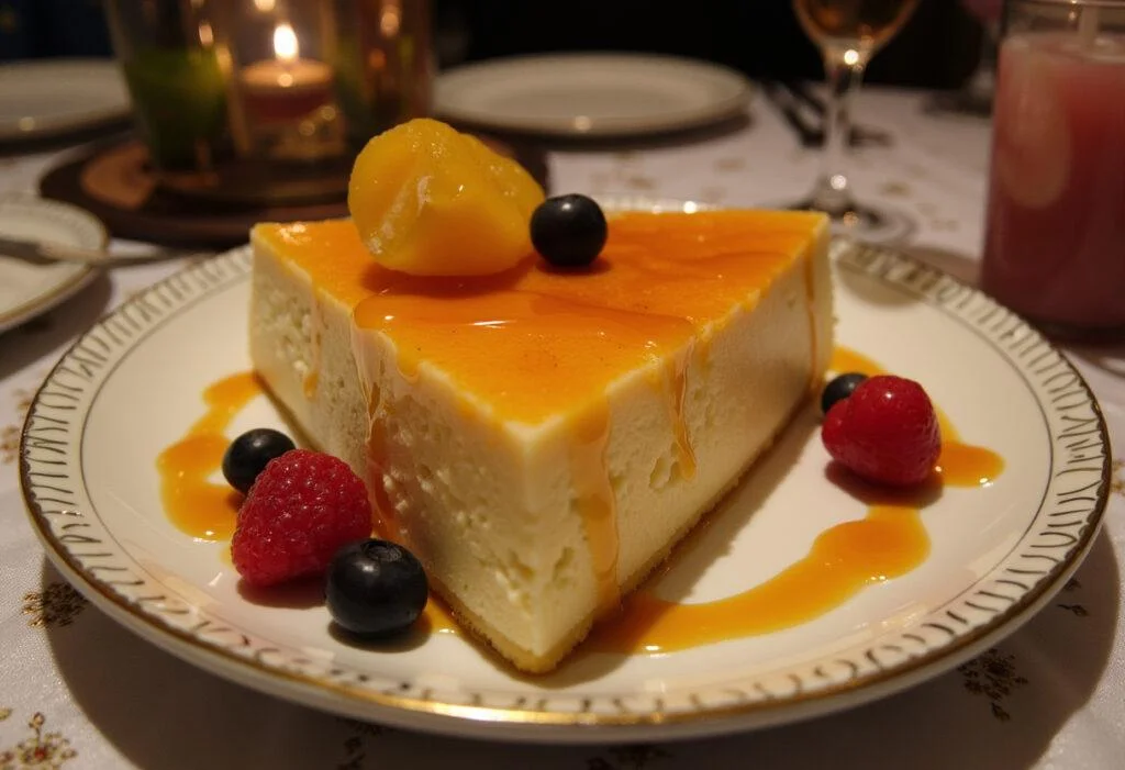 Pudim de leite condensado triangulo finalizado com frutas frescas e caramelo, perfeito para servir.