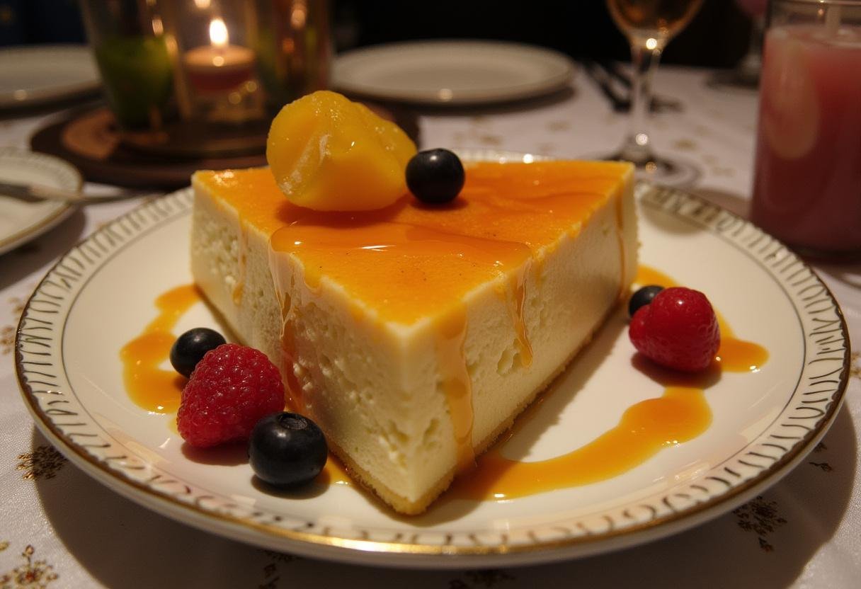 Pudim de leite condensado triangulo finalizado com frutas frescas e caramelo, perfeito para servir.