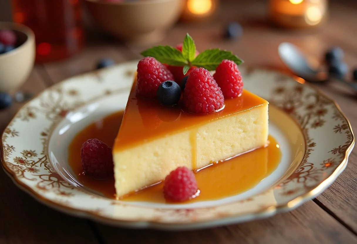 Pudim de leite condensado triangulo finalizado com frutas frescas e caramelo, perfeito para servir.