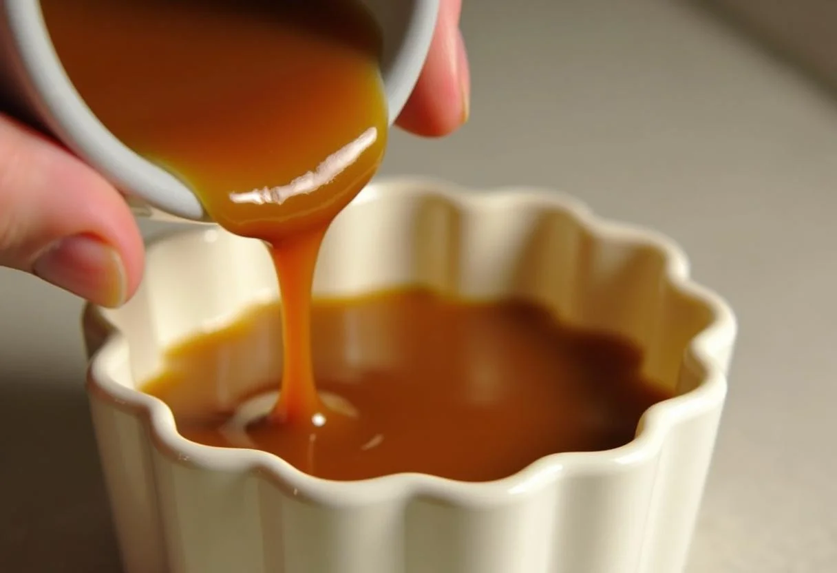 Caramelo sendo colocado no fundo do molde de pudim de leite condensado triangulo.