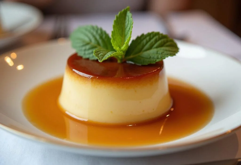 Pudim em embalagem individual decorado com caramelo e hortelã, ideal para sobremesas.