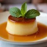 Pudim em embalagem individual decorado com caramelo e hortelã, ideal para sobremesas.