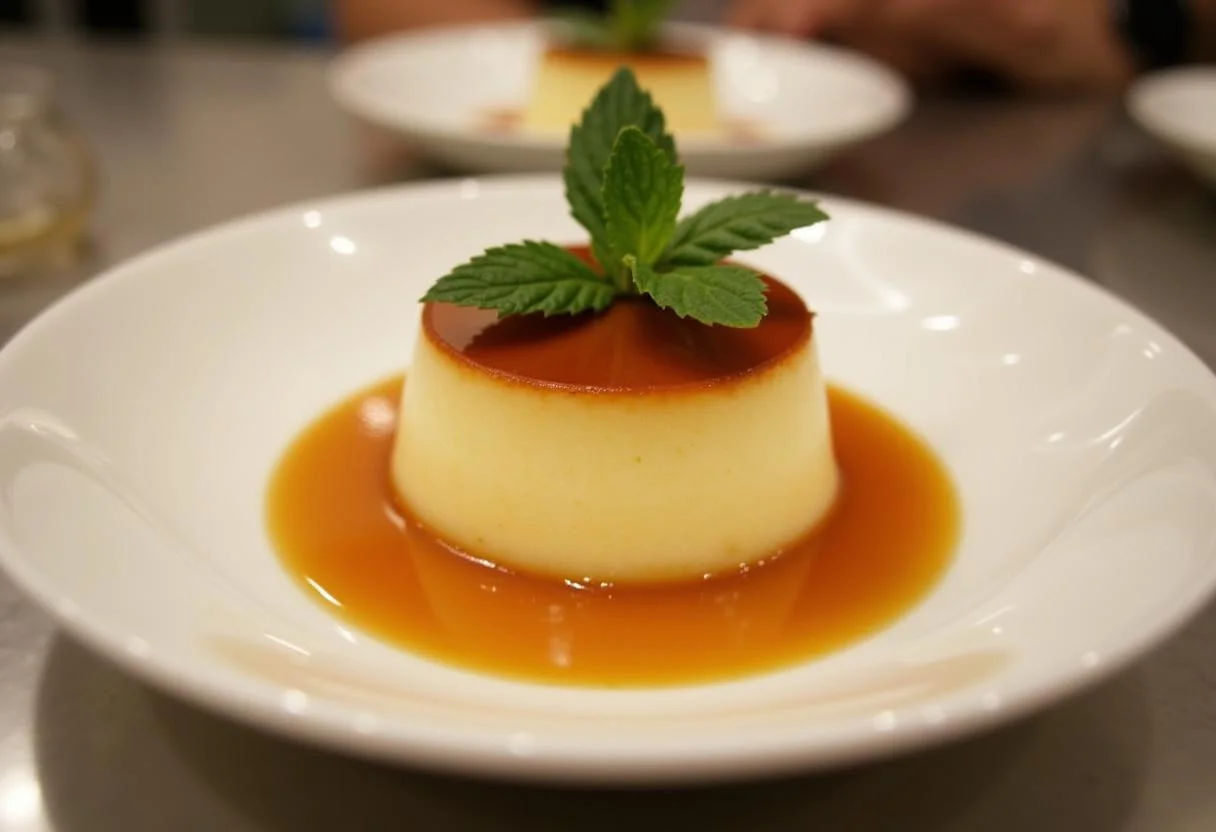 Pudim em embalagem individual decorado com caramelo e hortelã, ideal para sobremesas.
