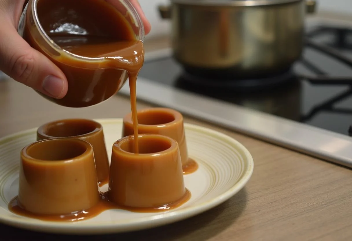 Caramelo sendo despejado em moldes para pudim em embalagem individual.