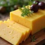 Queijo amarelo caseiro Minas fatiado e apresentado em uma tábua de queijos.