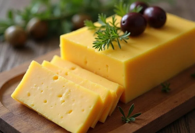 Queijo amarelo caseiro Minas fatiado e apresentado em uma tábua de queijos.
