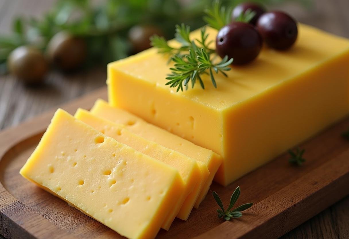 Queijo amarelo caseiro Minas fatiado e apresentado em uma tábua de queijos.