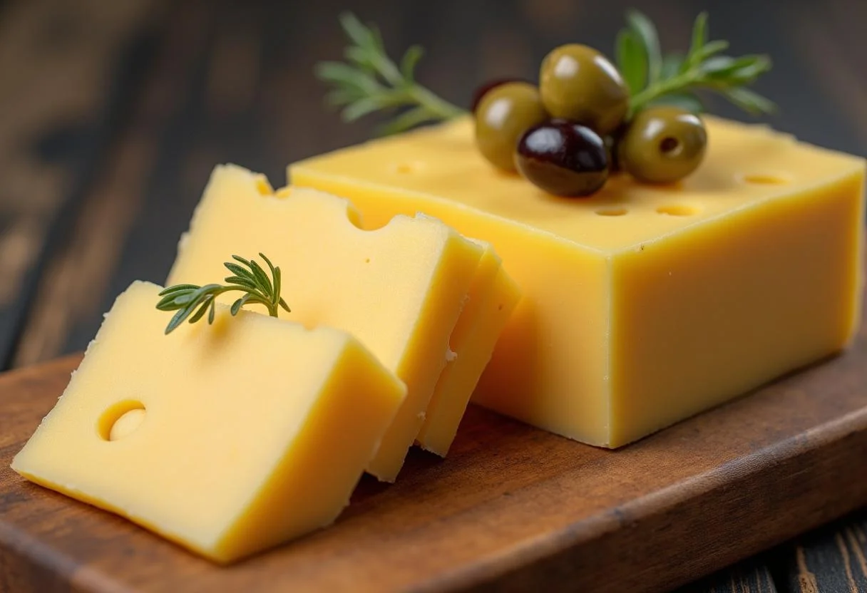 Queijo amarelo caseiro Minas fatiado e apresentado em uma tábua de queijos.