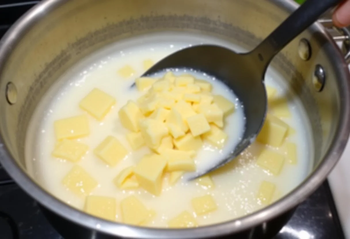 Coalhos se formando na panela durante a produção do queijo amarelo caseiro Minas.
