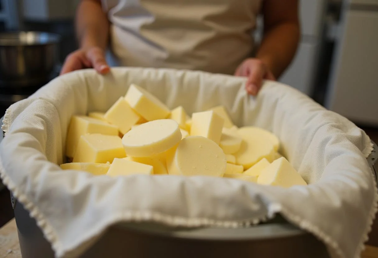 Moldando os coalhos na forma para fazer queijo amarelo caseiro Minas.