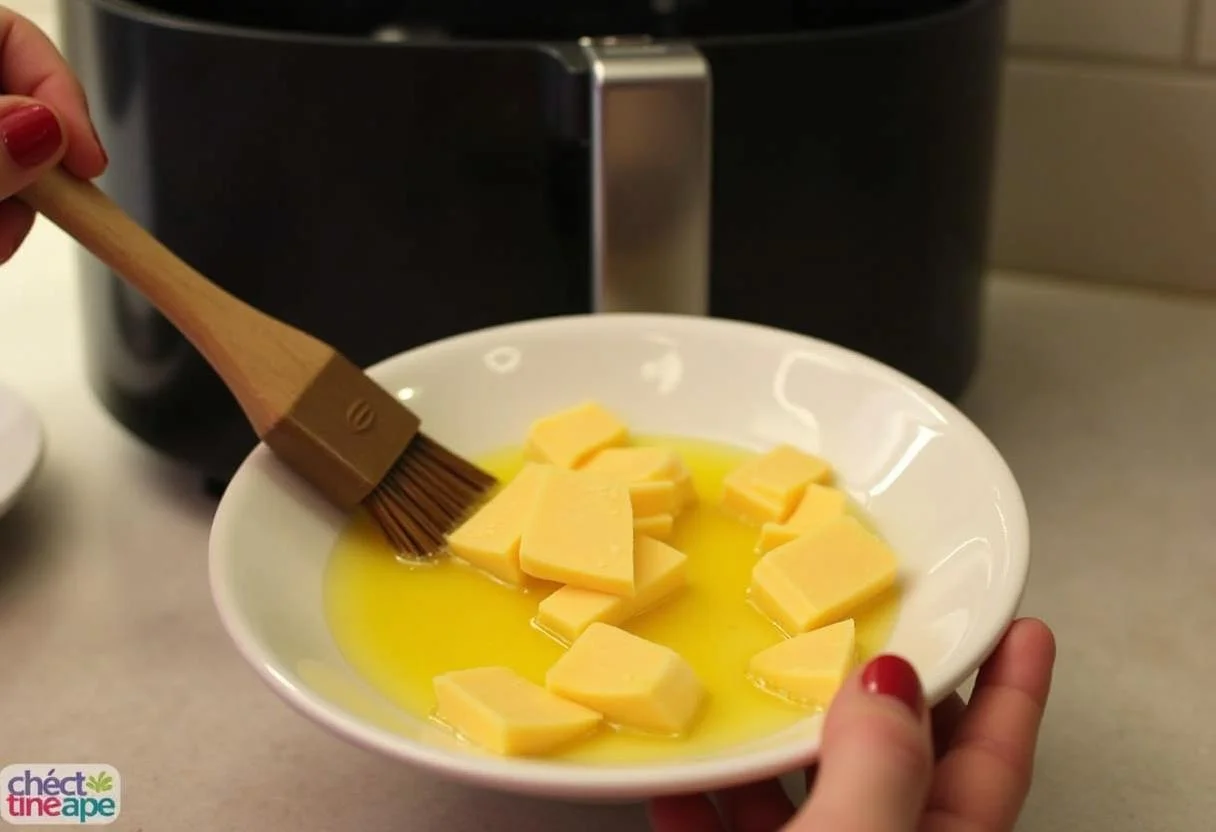 Pincelando azeite sobre queijo coalho para churrasco antes de ir na airfryer.