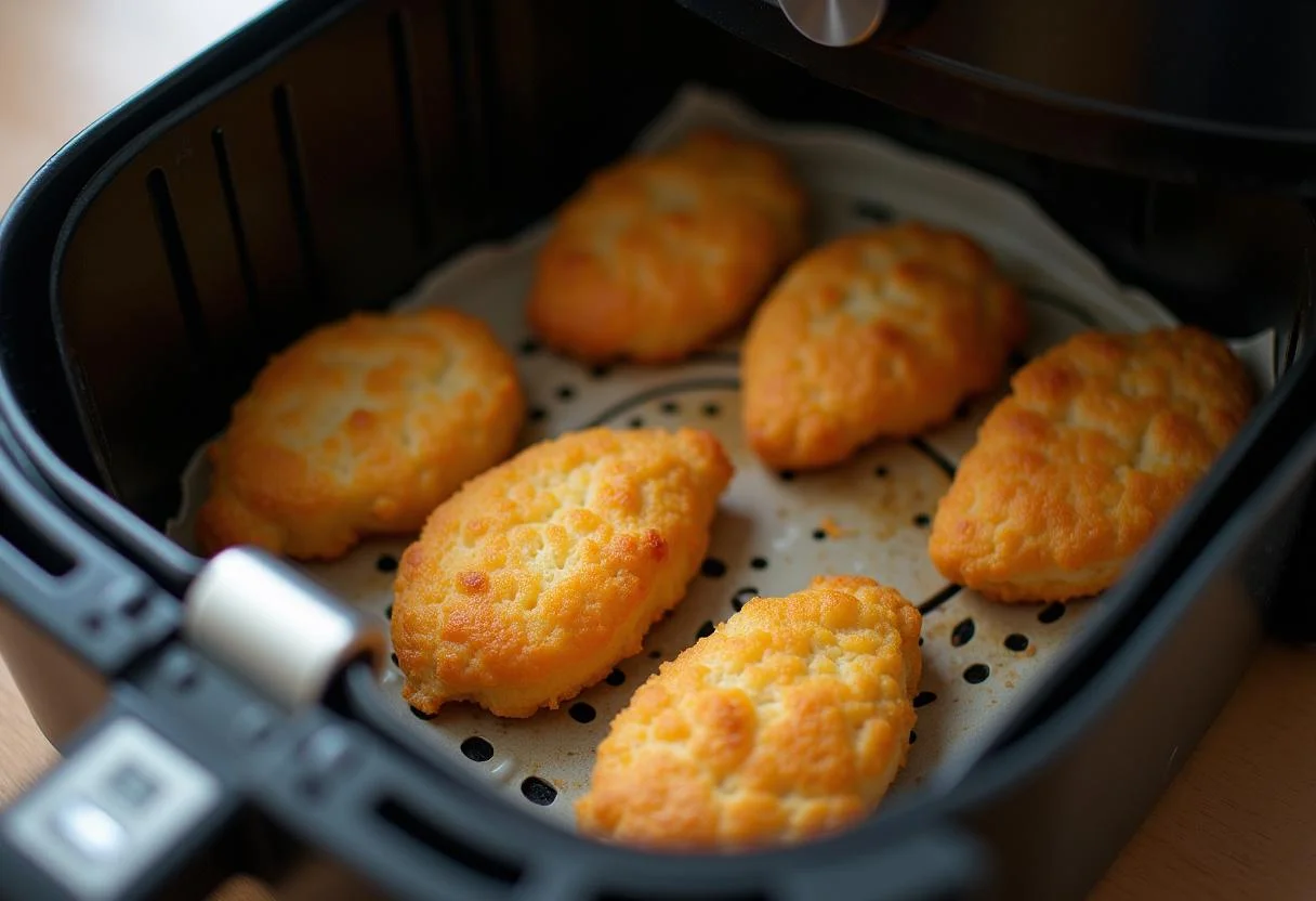 Colocando queijo coalho na airfryer para fritar assim que estiver preparado.