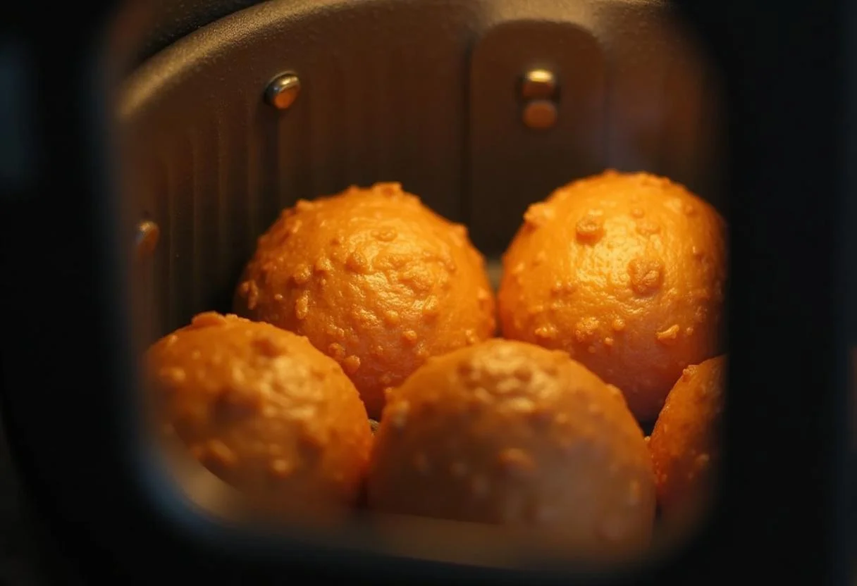 Queijo coalho fritando na airfryer, mostrando a textura crocante começando a aparecer.