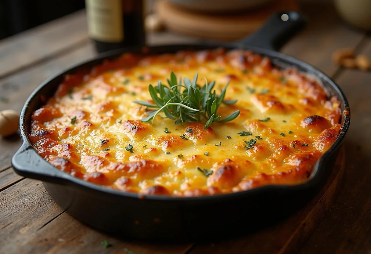 Casserole de queijo estepe recém-assada, dourada e cremosa, perfeita para servir.