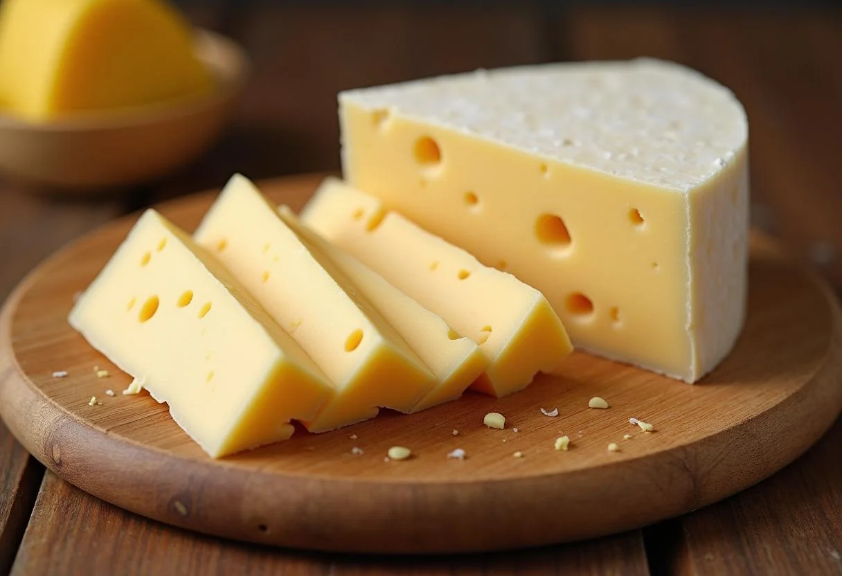 Queijo Estepe em fatias grossas, exibindo a textura cremosa e buracos típicos do queijo suíço.