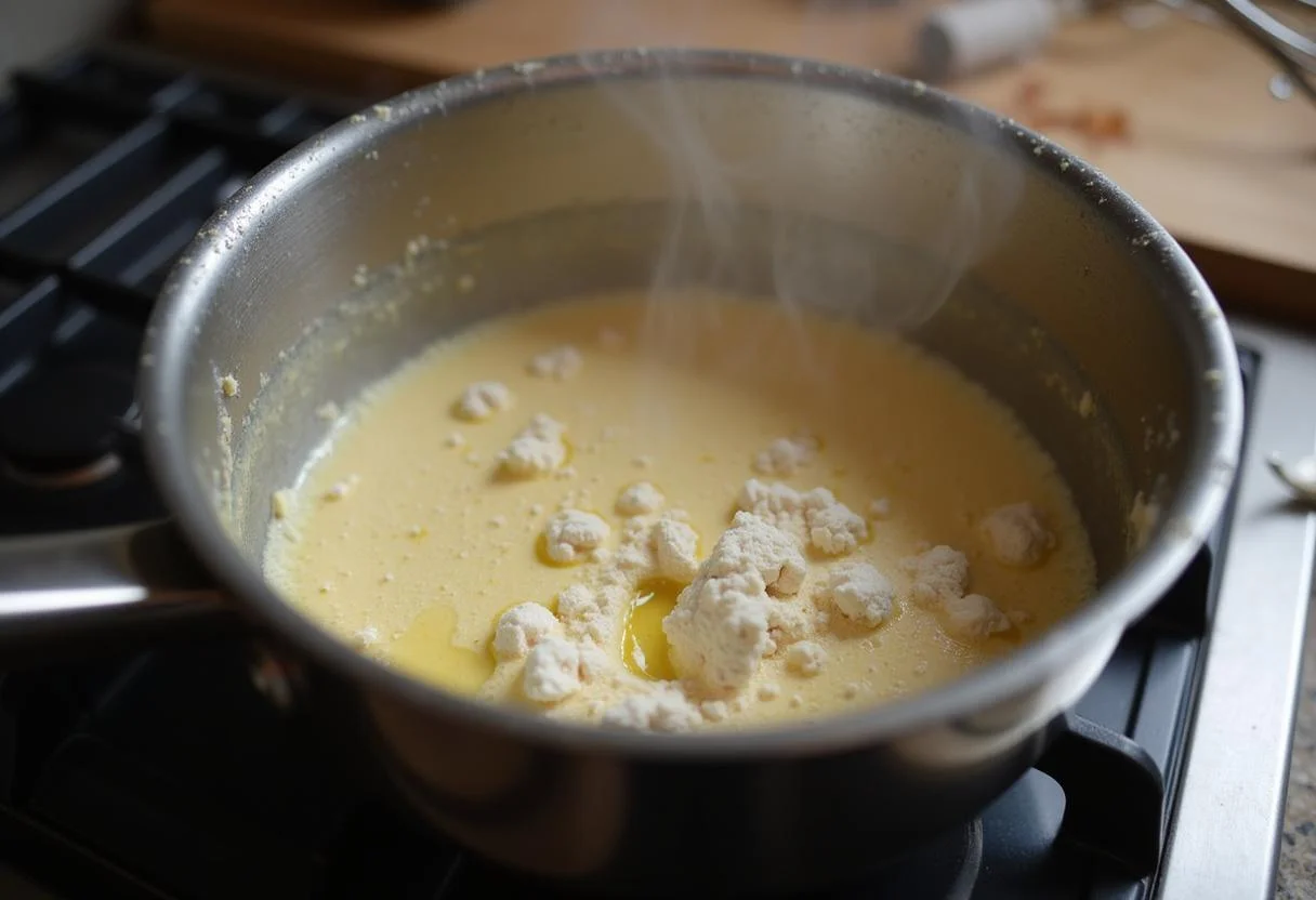 Preparando um roux de manteiga e farinha para o queijo estepe brasileiro tipo suíço.
