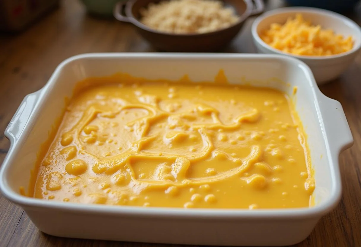 Dish sendo preenchido com mistura de queijo estepe, pronto para ir ao forno.