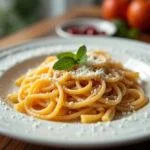 Prato finalizado de massa com queijo faixa azul parmesão, uma refeição irresistível.