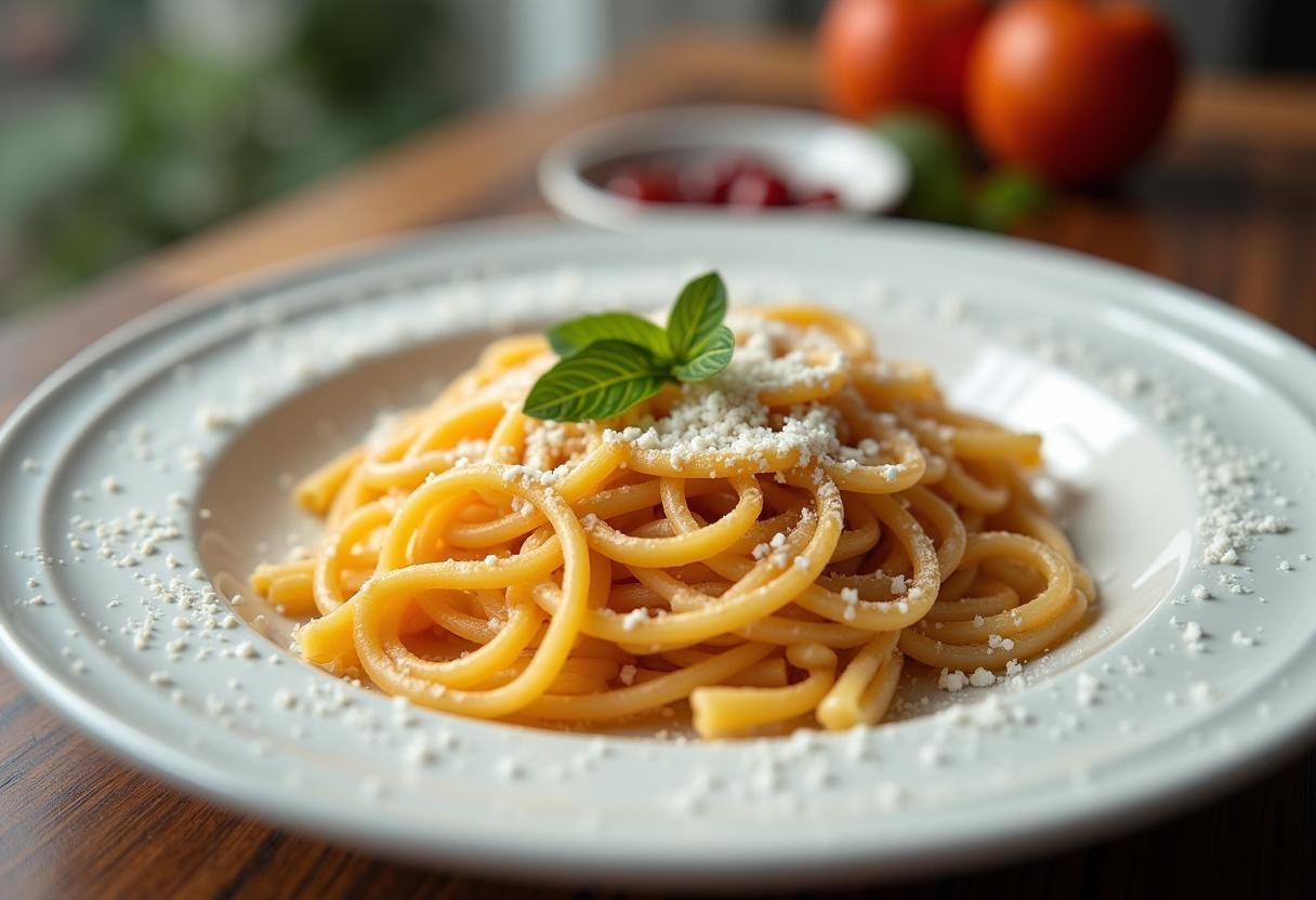 Prato finalizado de massa com queijo faixa azul parmesão, uma refeição irresistível.