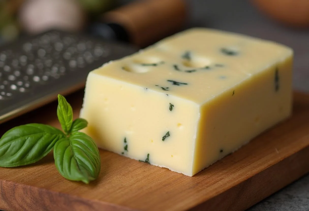 Queijo Faixa Azul Parmesão em uma tábua de corte, preparado para ser ralado.