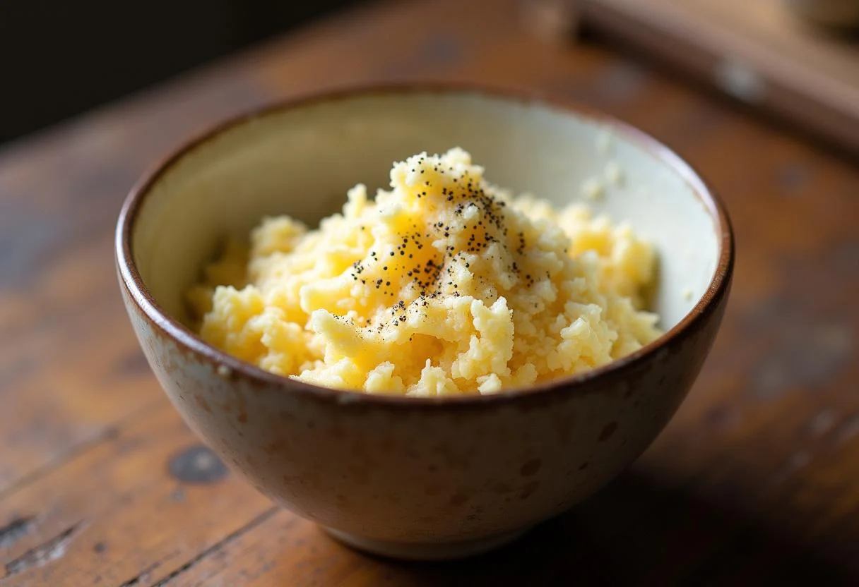 Tigela de queijo faixa azul parmesão ralado fresco, ideal para temperar pratos.