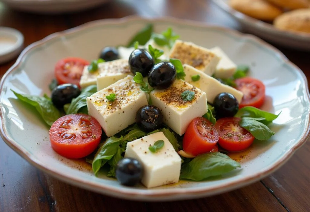 Uma deliciosa salada grega com queijo feta pronta para servir, perfeita para refeições saudáveis.