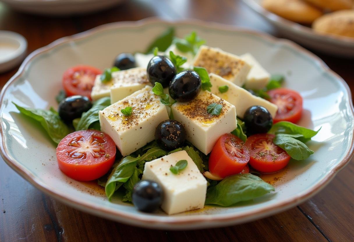 Uma deliciosa salada grega com queijo feta pronta para servir, perfeita para refeições saudáveis.