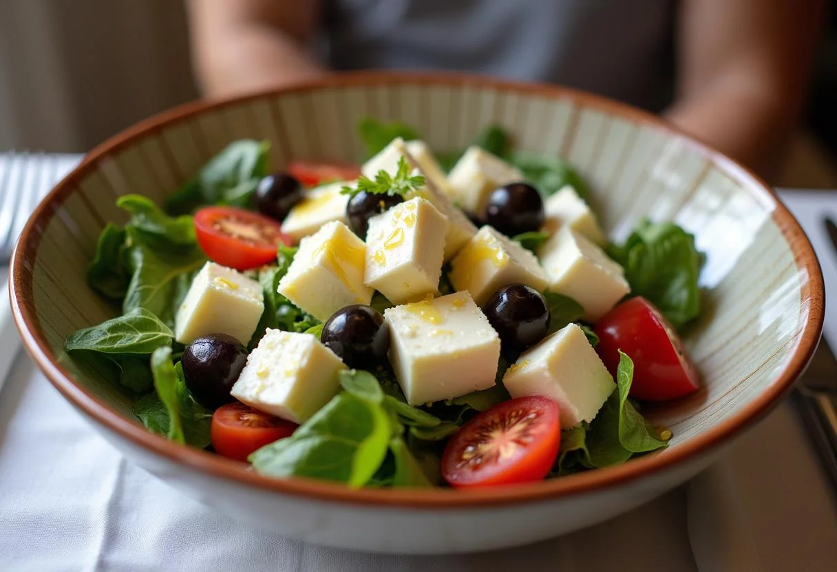 Uma deliciosa salada grega com queijo feta pronta para servir, perfeita para refeições saudáveis.