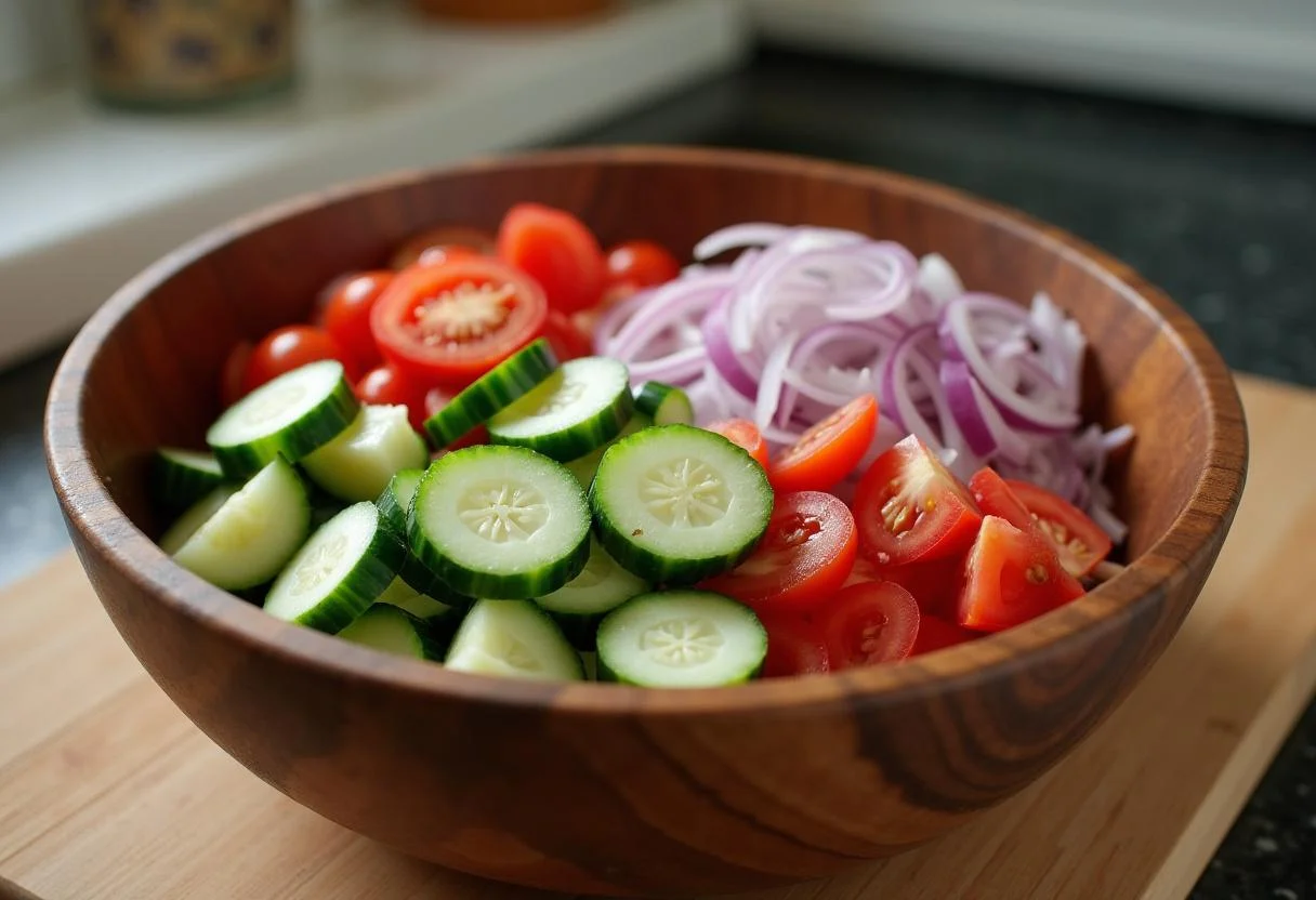 Ingredientes frescos como pepinos, tomates e cebolas roxas cortados para salada grega com queijo feta.