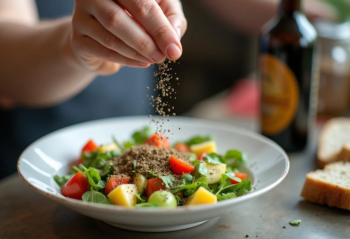 Temperos como orégano seco e pimenta-do-reino sendo adicionados à salada grega com queijo feta.