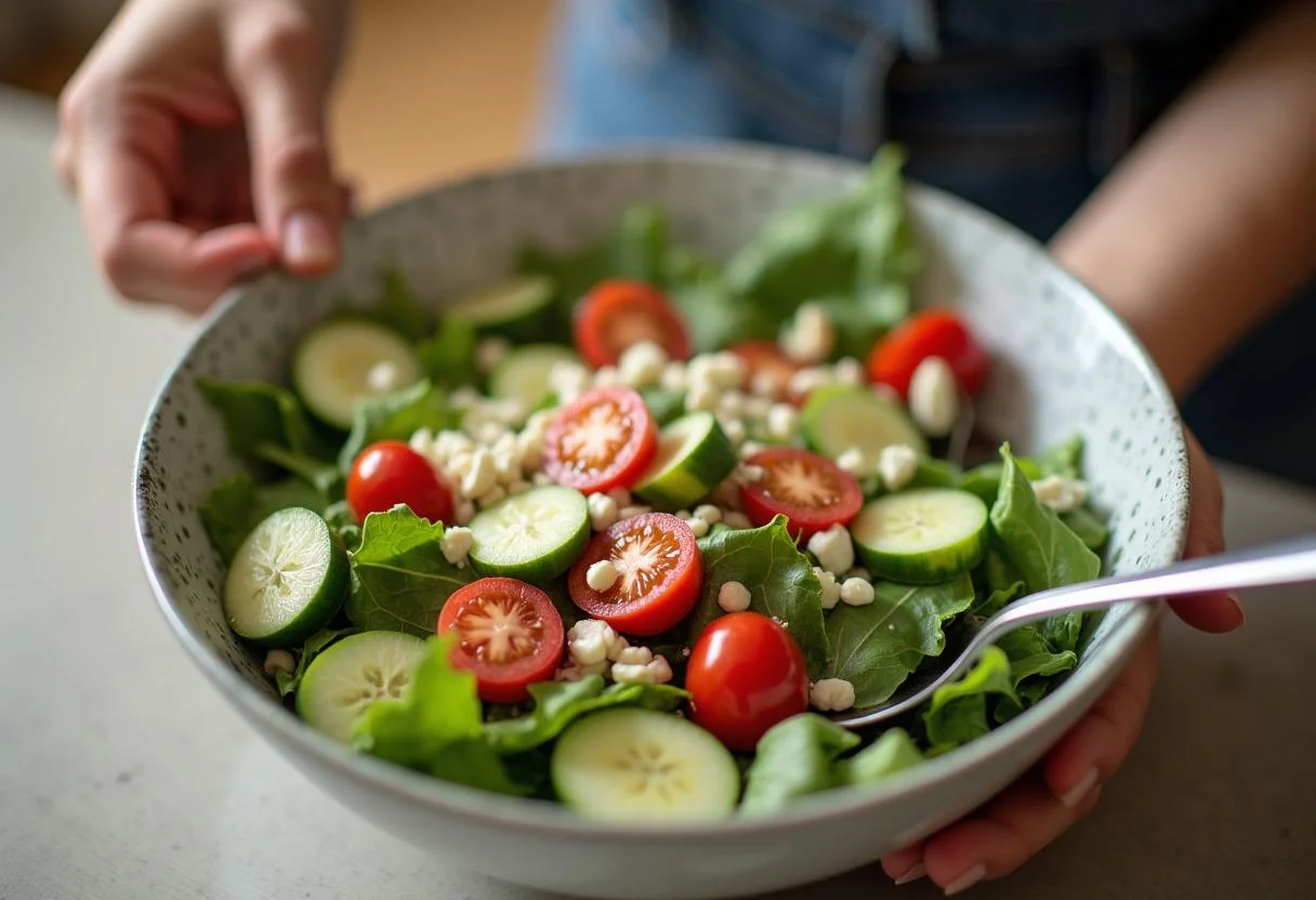 Misturando os ingredientes da salada grega com queijo feta para uma apresentação homogênea.
