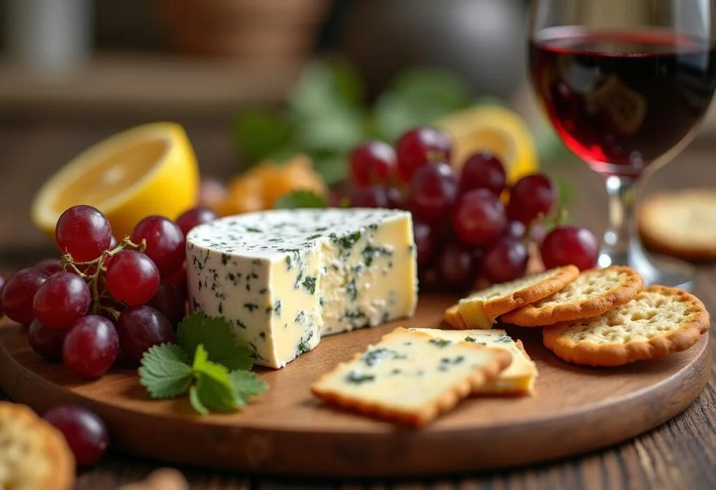 Queijo gorgonzola caseiro finalizado, perfeito para degustação com uvas e biscoitos.
