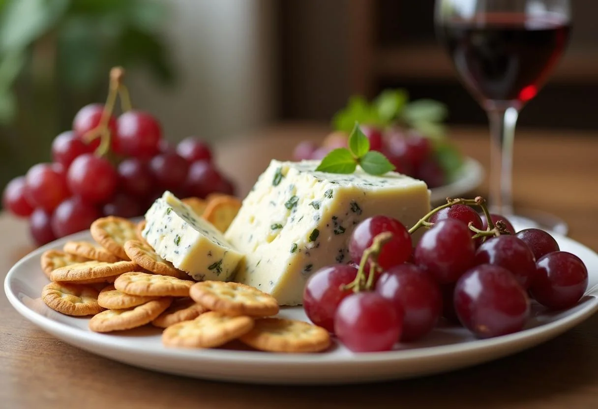 Queijo gorgonzola caseiro finalizado, perfeito para degustação com uvas e biscoitos.