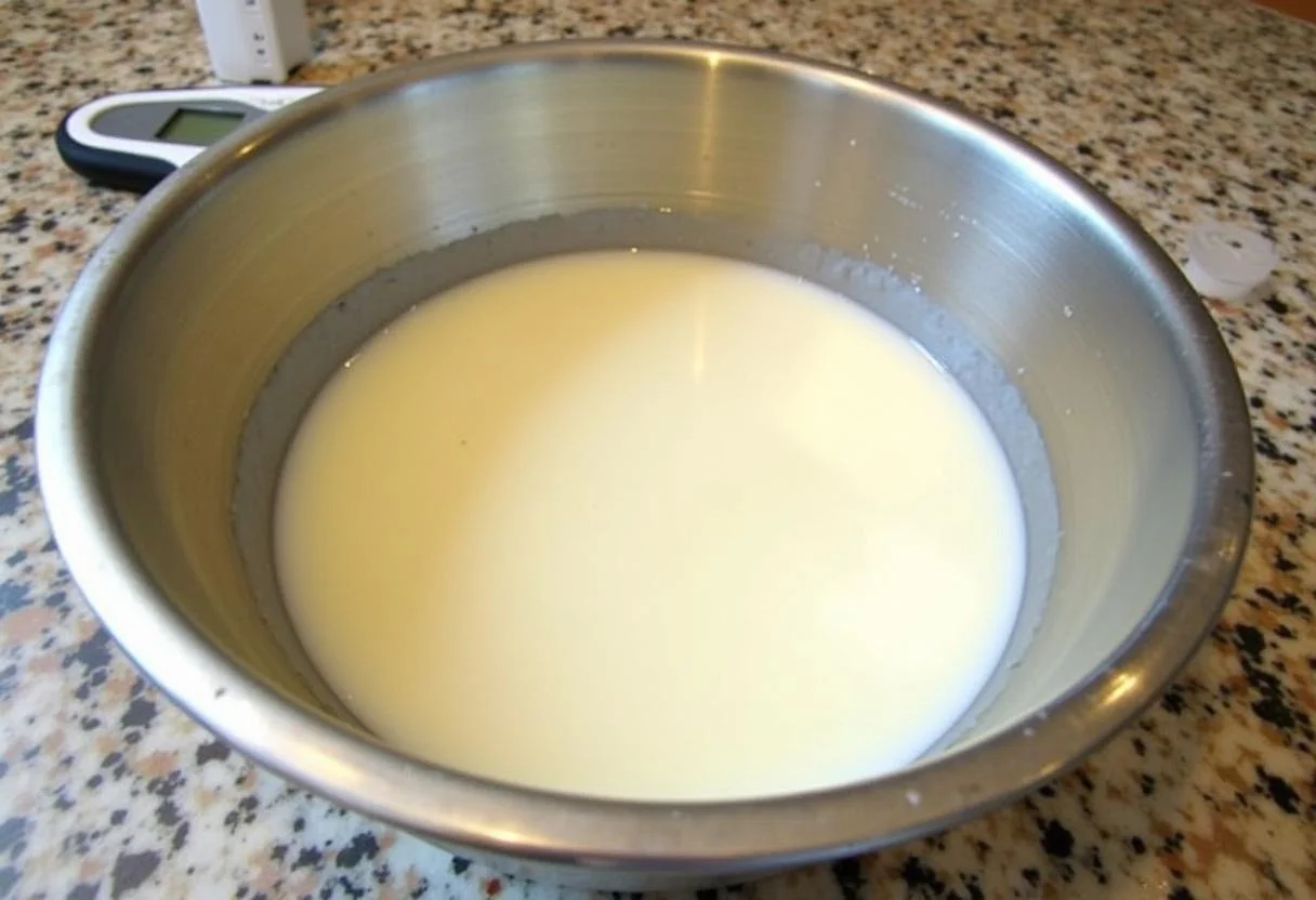 Mistura de leite e coalho para fazer queijo gorgonzola caseiro.