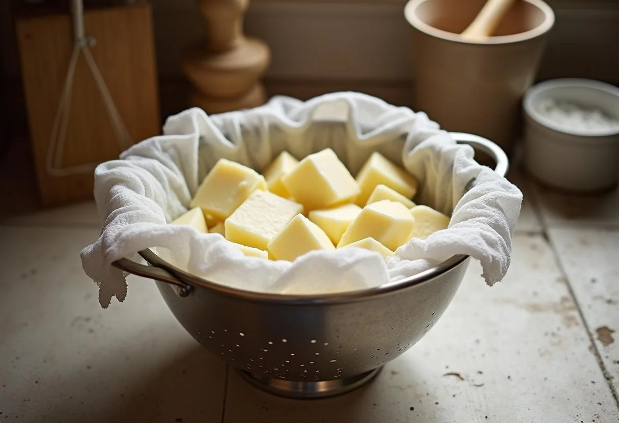 Coalhada sendo separada em uma toalha de queijo para queijo gorgonzola caseiro.