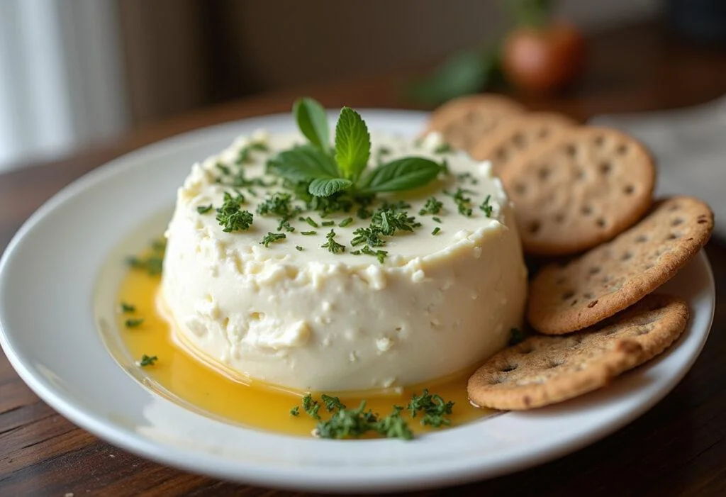Queijo magro caseiro servido com ervas frescas e biscoitos integrais.