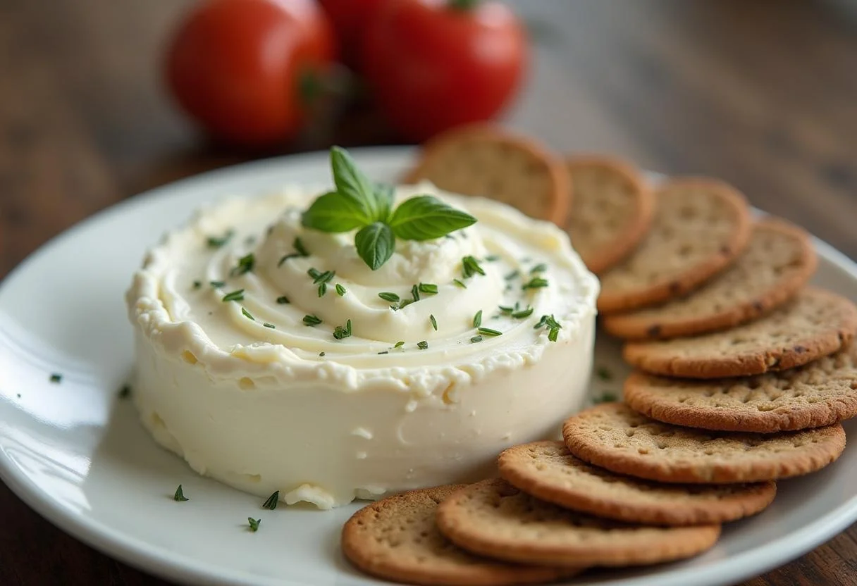 Queijo magro caseiro servido com ervas frescas e biscoitos integrais.